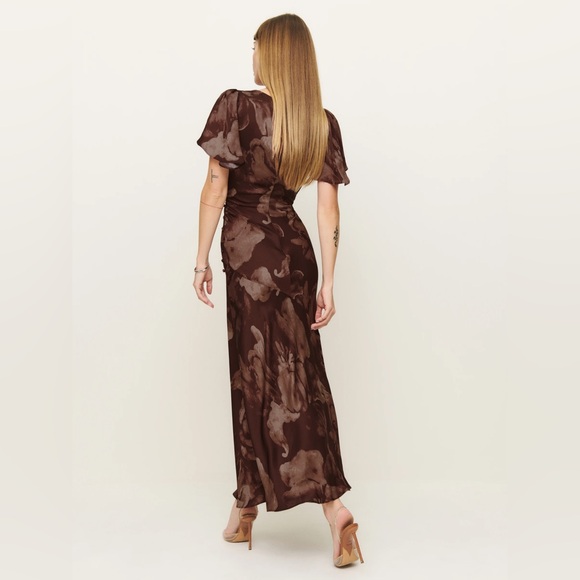 NEW Reformation Vida Long Satin Dress in Siena Brown Floral | size US 4 - Picture 5 of 14